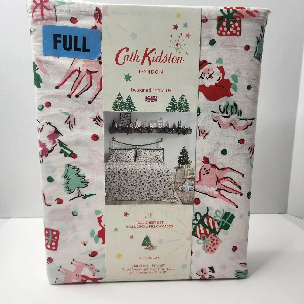 Cath Kidston London FULL Christmas Ditsy Deer Pink Cotton 200 Count Sheet Set